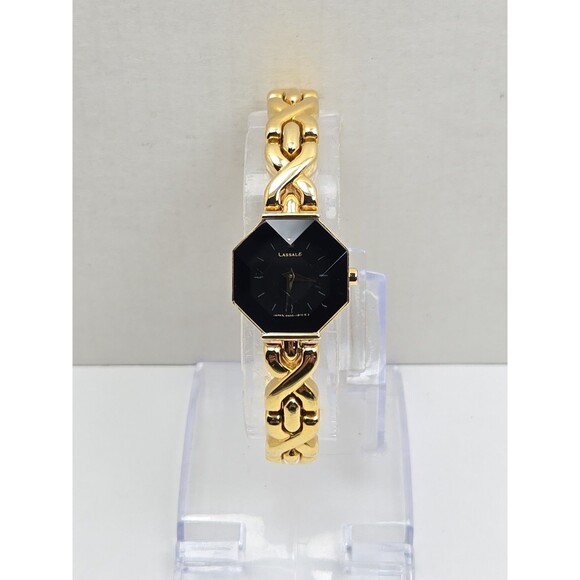 Vintage Lassale Seiko Womens Gold Tone Faceted Octagon Black Watch New Battery main image 6
